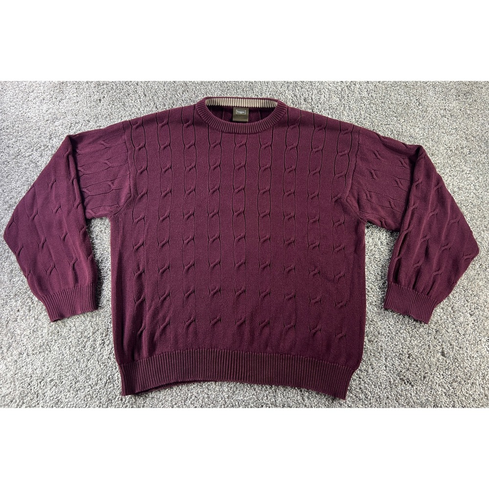 Vintage Haggar Generations Mens XL Burgundy Cotton Cable Knit Crewneck Sweater